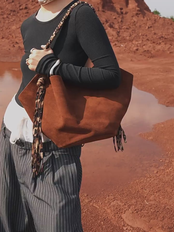 Unique Design Genuine Leather Large Tote Bucket Bag for Women | Suede Leather Autumn Tassel Bucket Bag