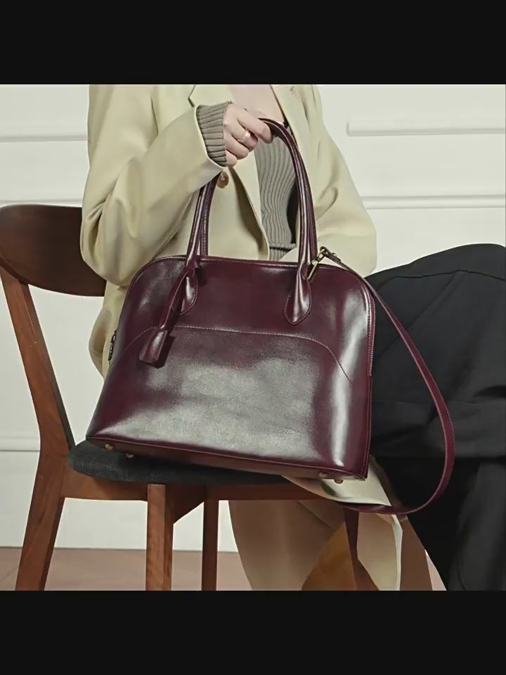 Women's Swift  Leather Tote, Handmade Large Professional Commuter Bag with Adjustable Strap, Elegant Cowhide Leather Shell Bowling Shoulder Bag