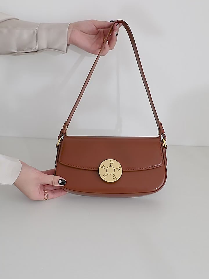 Luxury Leather Crossbody Box Bag with Elegant Circular Emblem, Fashion Leather Shoulder Bag