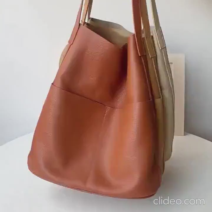 Oak Cowhide Leather Tote Bag, Women Handcrafted Soft Leather Bucket Bag, Minimalist Tote, Two Front Pockets Bag, Cloud Oslo Laptop Bag