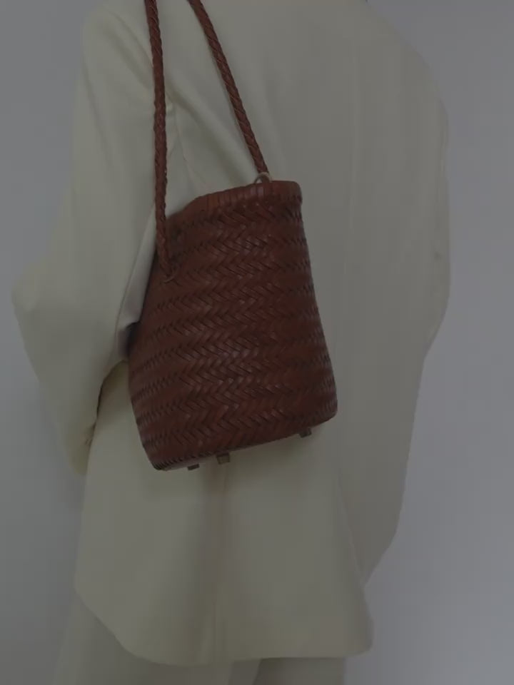 Hand-Woven Cowhide Leather Bucket Bag | Women's Braided Drawstring Basket Purse