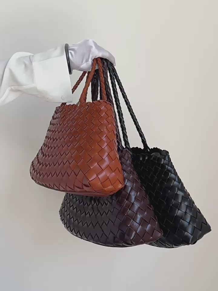 Italy Leather Woven Bag Hobo Trapezoidal Bag | New Style Summer Beach Bag Full Grain Leather Triple Jump Bamboo HandBag, Handcrafted Basket Bag