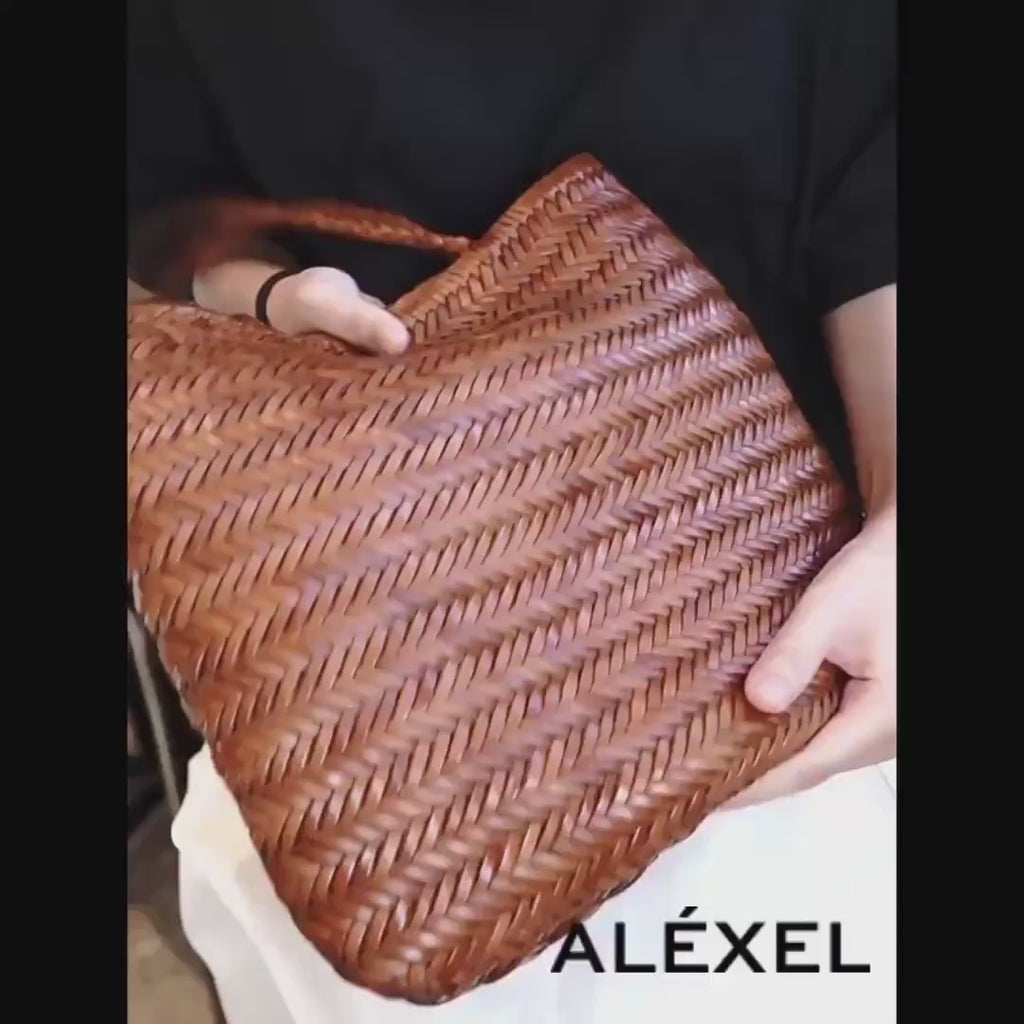 Italy Leather Woven Hobo Rectangle Tote Bag, Summer Beach Bag, Full Grain Leather Triple Jump Bamboo HandBag, Handcrafted Basket Bag