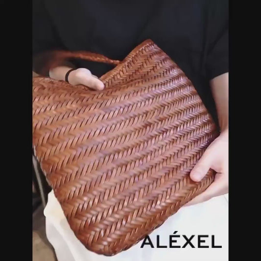 Italy Leather Woven Hobo Rectangle Tote Bag, Summer Beach Bag, Full Grain Leather Triple Jump Bamboo HandBag, Handcrafted Basket Bag