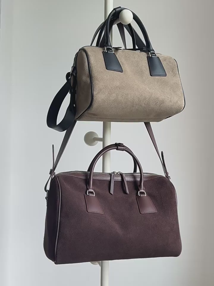 Vintage Suede Boston Bag for Women | Maillard-Tone Pillow Handbag with Detachable Strap | Niche Handcrafted Commuter Crossbody Bag