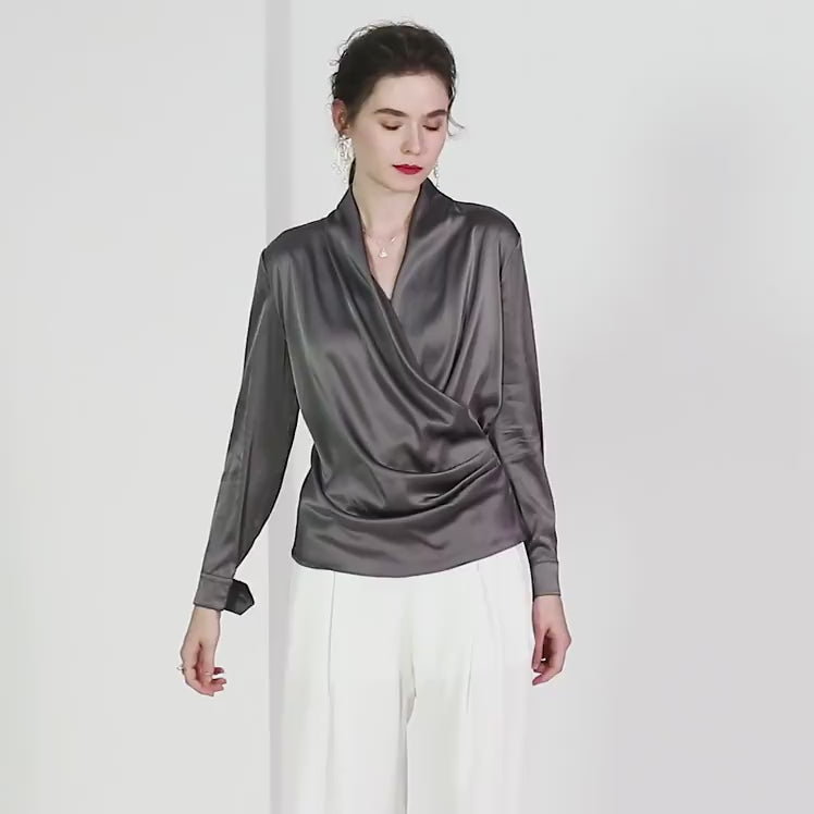 Luxe V-Neck Long Sleeve Blouse, 100% Mulberry Silk Blouse for Women