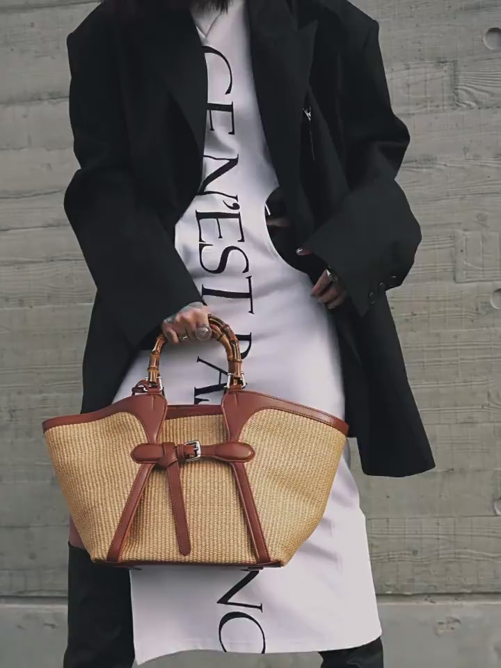 Vintage Bamboo Handle Genuine Leather Bucket Bag, Large Basket-style Commuter Tote Bag