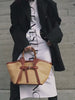 Vintage Bamboo Handle Genuine Leather Bucket Bag, Large Basket-style Commuter Tote Bag