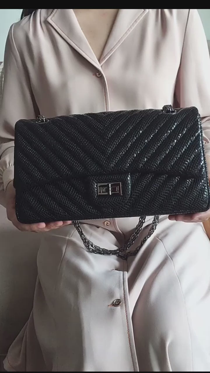 Genuine Caviar Leather Classic Flap Bag | Chain Strap Lock Bag, Leather Shoulder Purse, Diamond and V Geometric