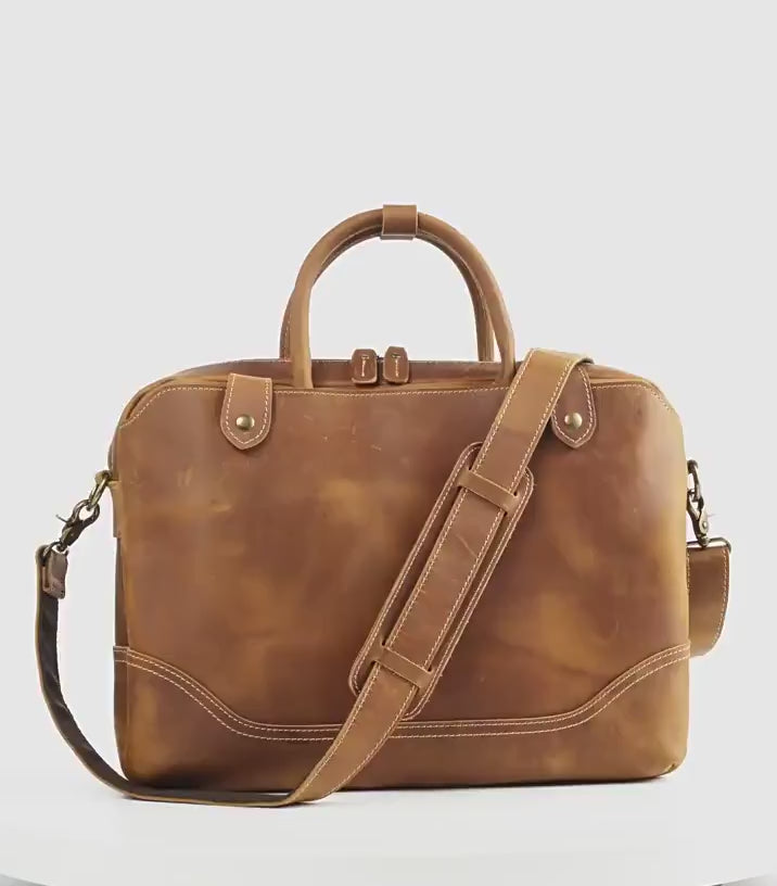 Men’s Crazy Horse Leather Briefcase | Handmade Vintage Full Grain Cowhide Shoulder & Handbag | 15” Laptop Business Messenger Bag