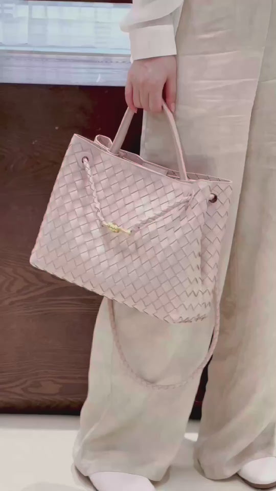 Lambskin Leather Knotted Intrecciato Shoulder Bag | Woven Handbag With Metal Buckle, Daily Fashion Designer Bag, Woven Shoulder Purse