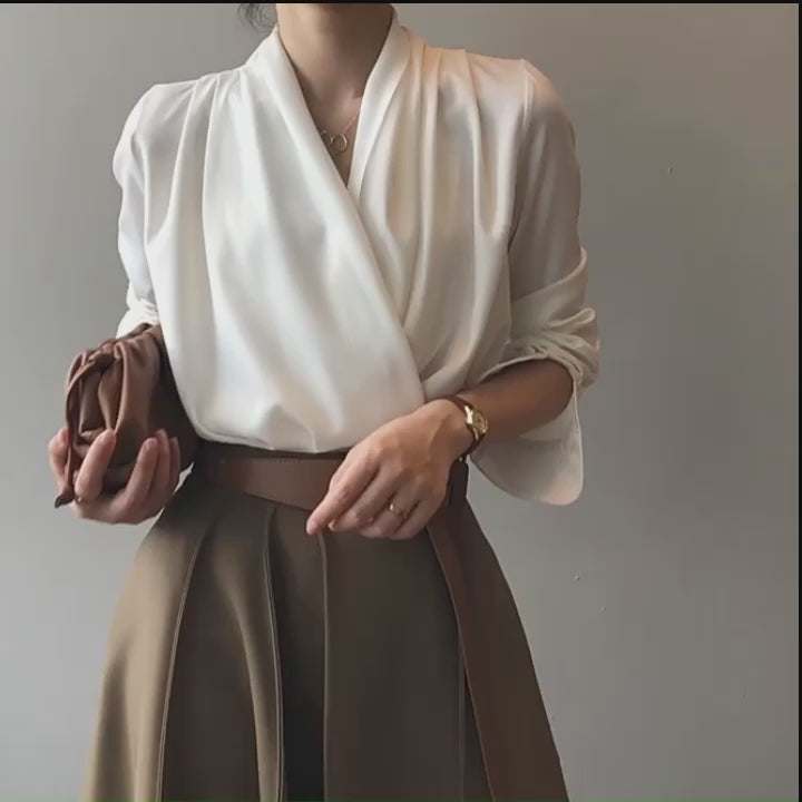 Timeless V-neck Satin Woven Blouse, Silk Satin Long Sleeves Shirt, Women Smart Casual Silky Top, Green Sleeve Blouse, Any Occassion, Gift