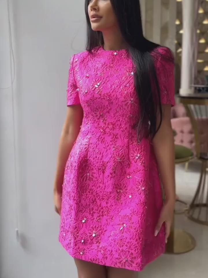 Fashion Runway Fuchsia: Jacquard Handcrafted Beaded Party Dress and Jacket | Semi-Formal Dress, Evening Gown, Wedding Dress