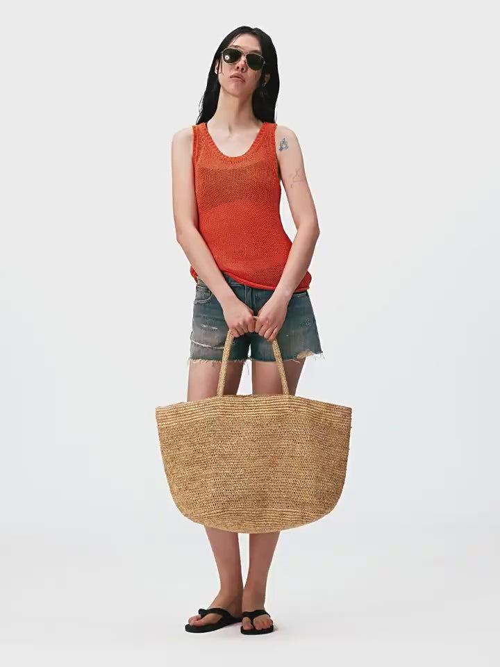 Handwoven Raffia Straw Tote Bag | Women's Large Vacation Beach Bag with Scarf