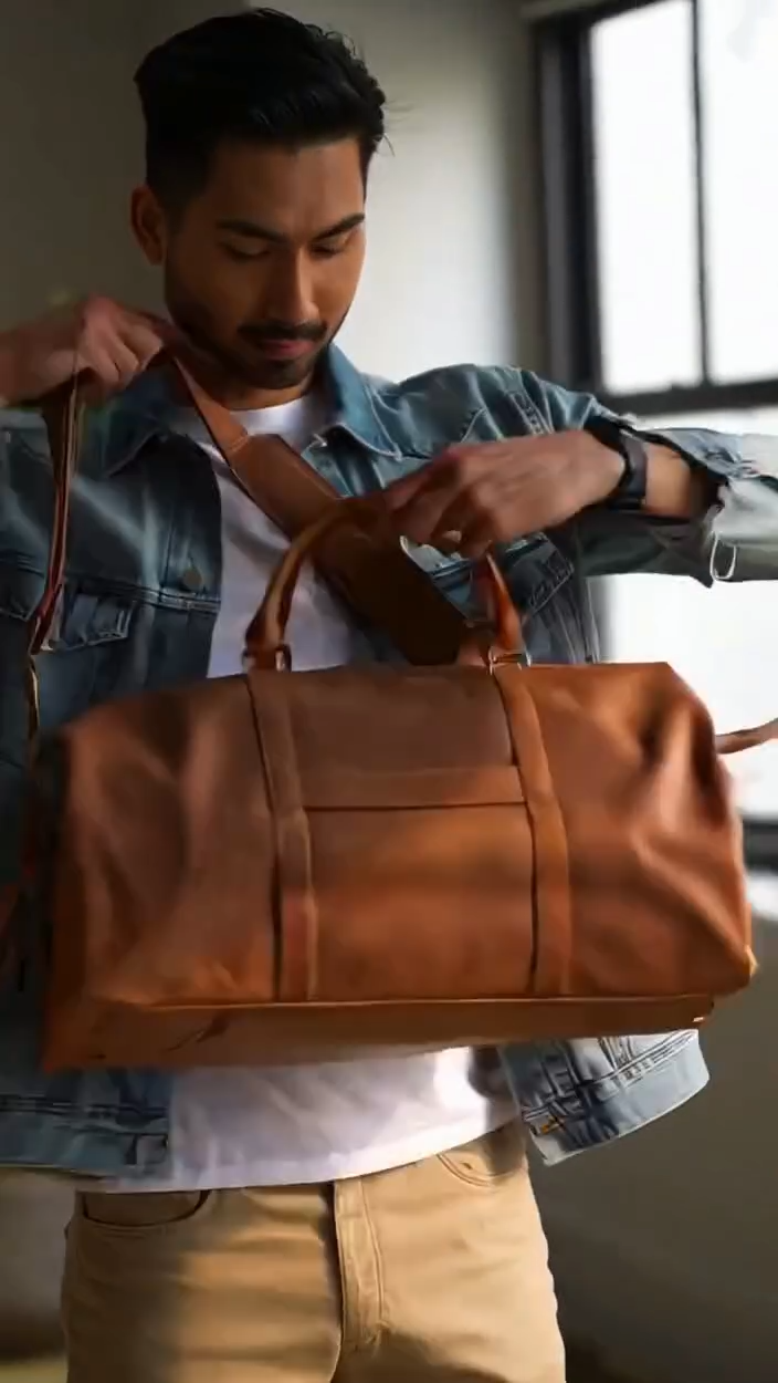 Crazy Horse Full Grain Leather Travel Duffle Bag with Trolley Sleeve | Weekender Tote for Men & Women