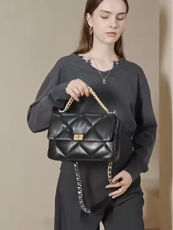 Quilted Designer Flap Bag, Genuine Leather Classic Shoulder Bag, Lambskin Luxury Leather Bag, DIAMONDS Gold Chain Lock Bag, Christmas Gift
