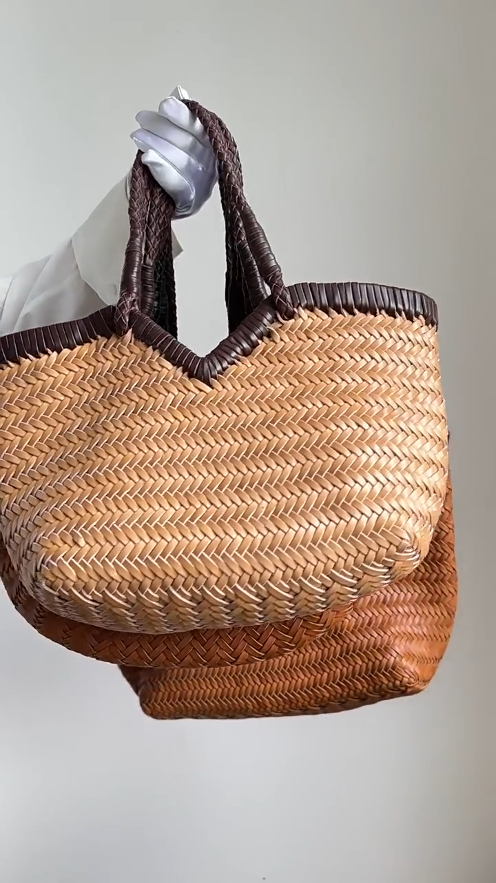 Handwoven Full Grain Cowhide Leather Basket Tote | V-Cut Rim Leather Shoulder Bag | Summer Beach Bag in Two Sizes