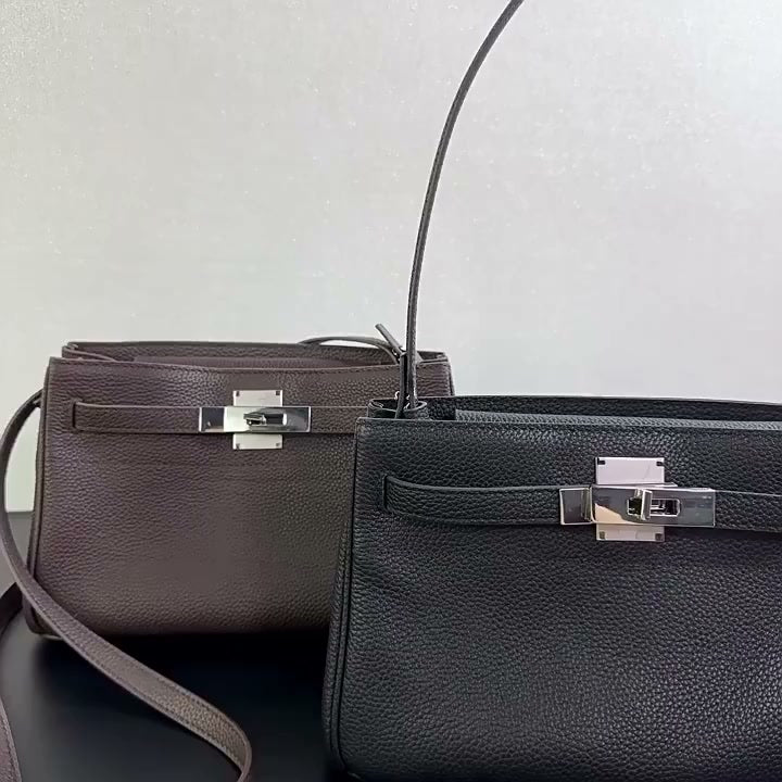 Luxury Black Leather Tote Bag, Handmade Togo and Lambskin Leather Shoulder Bag and Crossbody Square Bag