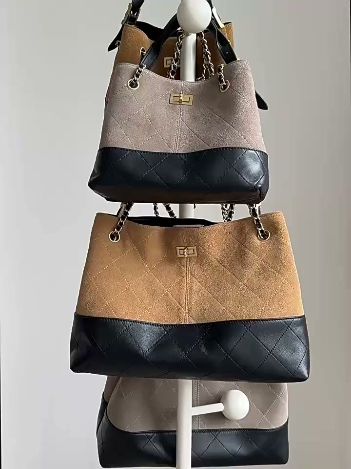Quilted Lambskin and Suede Leather Chain Tote Bag | Women's Vintage Two-Tone Shoulder & Crossbody Bag