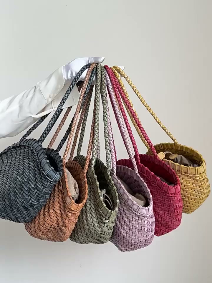 Handwoven Vegetable-Tanned Leather Basket Bag for Women｜Full Grain Cowhide Woven Tote with Braided Handle & Drawstring Liner | Spring Summer Shoulder Bag