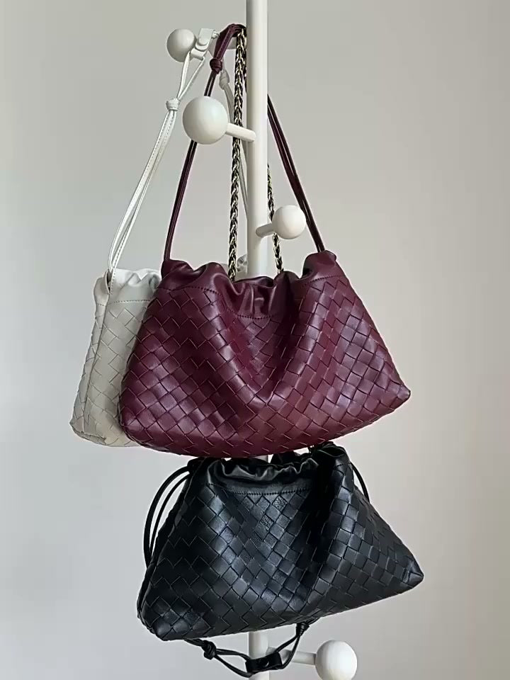 Women's Woven Lambskin Leather Cloud Bag | Drawstring Shoulder Bag with Gold Chain | Luxury Intrecciato Leather Crossbody Handbag