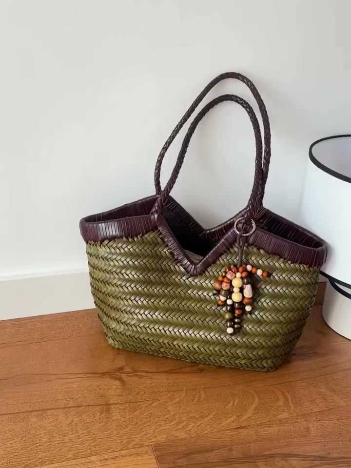 Handwoven Full Grain Cowhide Leather Basket Tote | V-Cut Rim Leather Shoulder Bag | Summer Beach Bag in Two Sizes