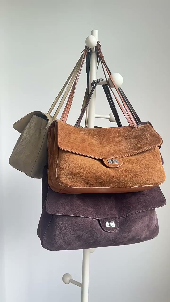 Suede Cowhide Shoulder Bag | Large Vintage Commuter Tote | Genuine Leather Women's Bag