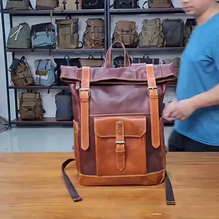 Handcrafted Full Grain Leather Roll-Top Backpack | Men's Vintage Laptop Travel & Hiking Backpack