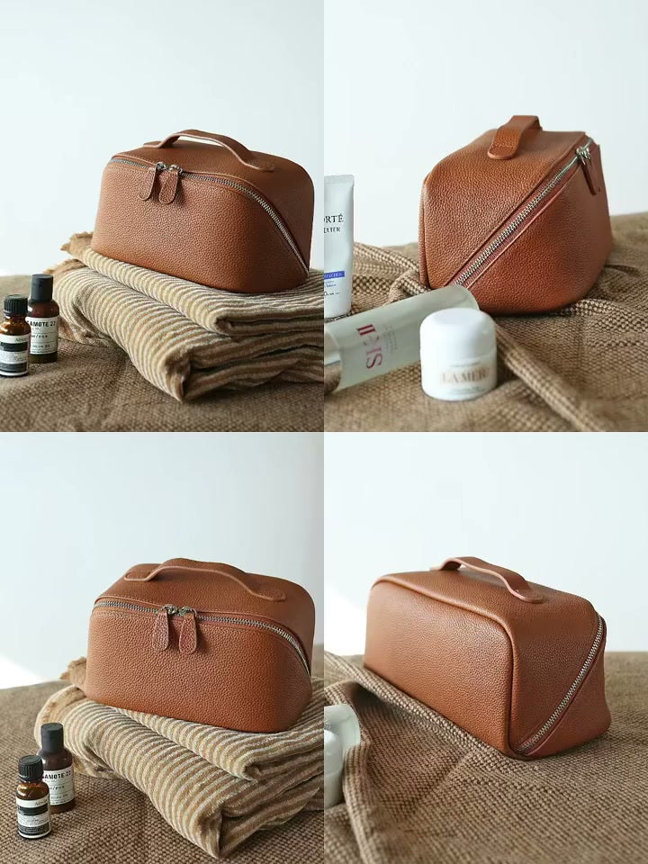 Premium Full Grain Pebbled Leather Makeup Bag With Minimalist Designer Travel Toiletry Bag For Women