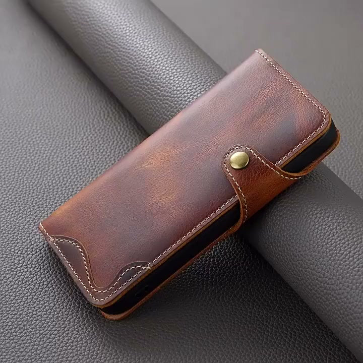 Handmade Leather iPhone and Samsung Case: Vintage Style Mobile Wallet Cases, Card Slots & Strap
