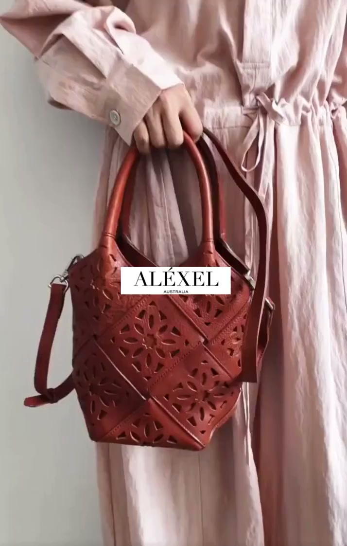 Handmade Leather Crossbody Bucket Bag, Full Grain Cowhide Floral Cut-Out Designer Bucket Bags For Women