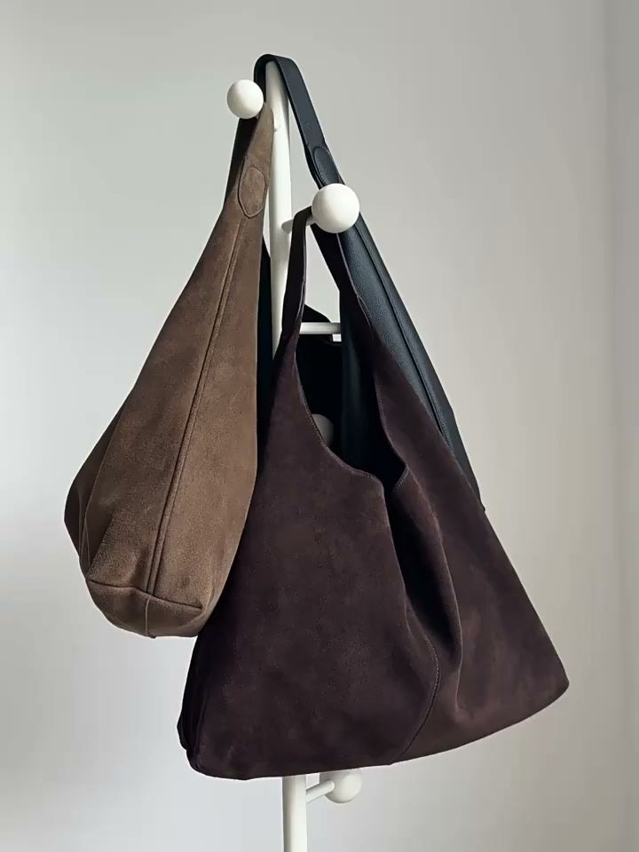 Premium Suede Leather Large Hobo Tote | Minimalist Slouchy Cowhide Leather Commuter Bag
