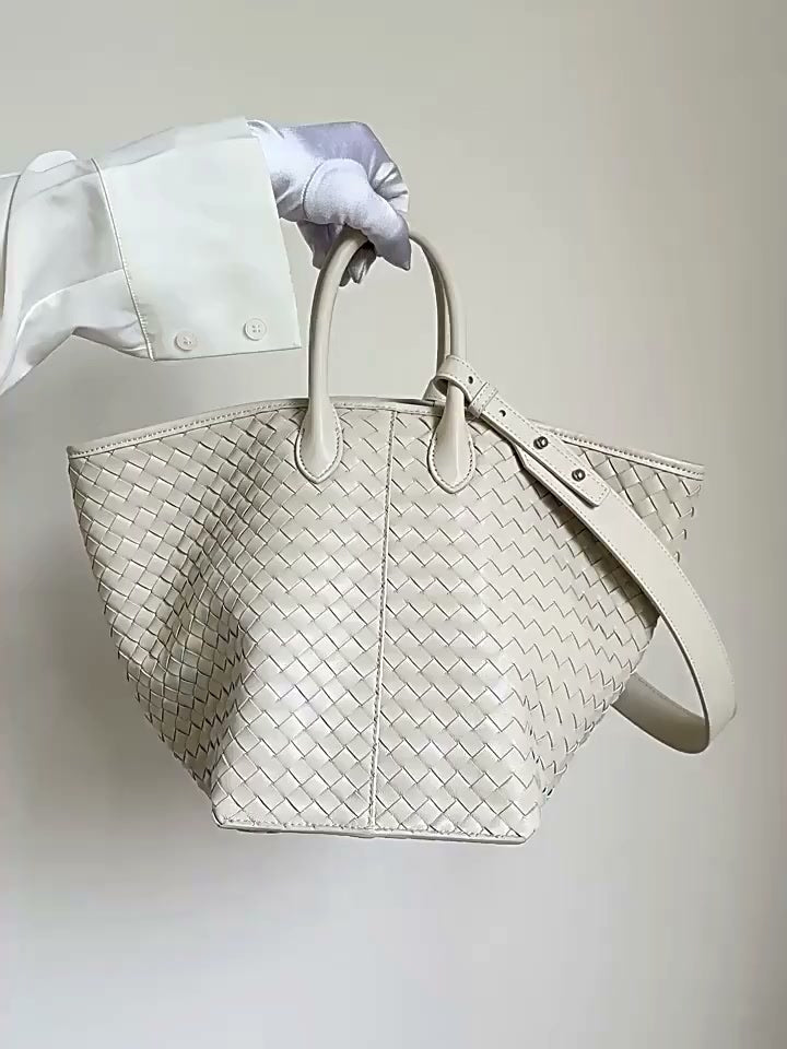 Handcrafted Top-Grain Sheepskin Woven Tote Bag | Women's Luxury Soft Lambskin Leather Bucket Shoulder Bag