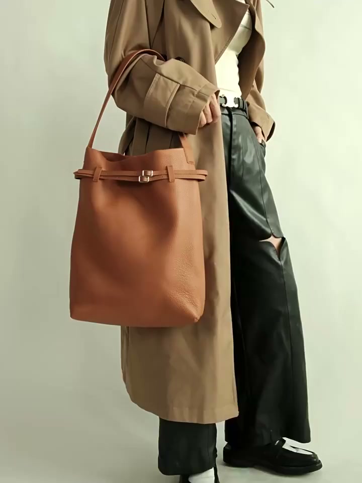 Togo Leather Slouchy Tote Bag – Large Minimalist Shoulder Bag | Scratch-Resistant Lychee Grain Cowhide, Fits 13" Laptop