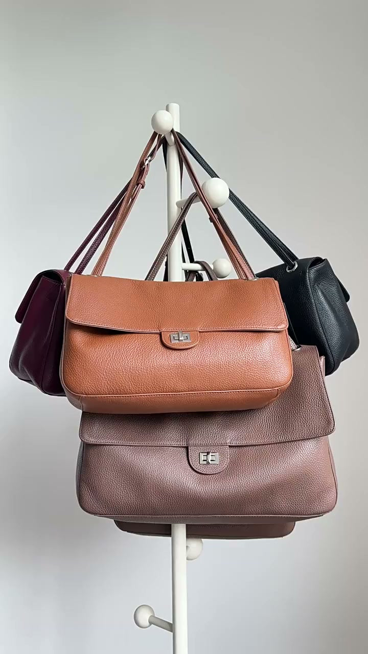 Minimalist Commuter Leather Shoulder Bag | Top Grain Cowhide Handbag with Twist-Lock Closure