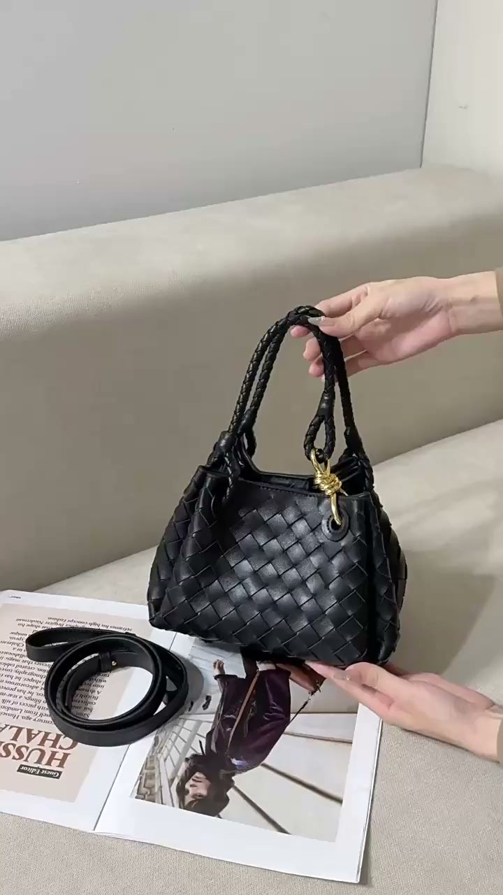 Double-Sided Weaving Noir Woven Lambskin Leather Shoulder Bag with Braided Handle and Gold Accents