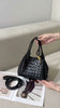 Double-Sided Weaving Noir Woven Lambskin Leather Shoulder Bag with Braided Handle and Gold Accents