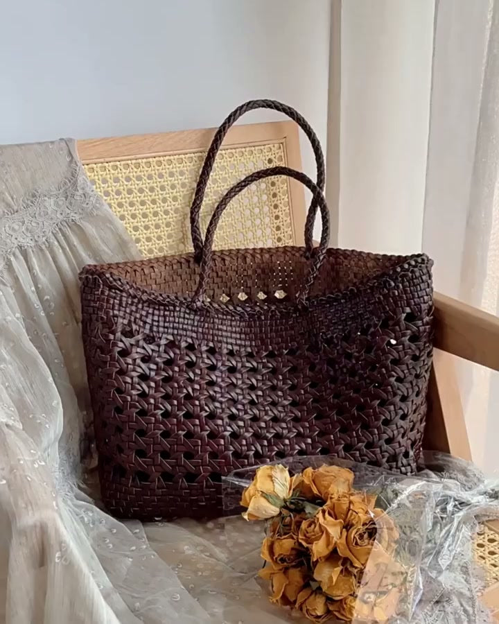 Genuine Leather Hand Woven Cuboid Shaped Ladies Tote Bag | Open Rattan Woven Triple Jump Bamboo Ladies Hobo Holiday Bag, Weekend Basket Bag