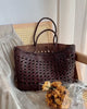 Genuine Leather Hand Woven Cuboid Shaped Ladies Tote Bag | Open Rattan Woven Triple Jump Bamboo Ladies Hobo Holiday Bag, Weekend Basket Bag