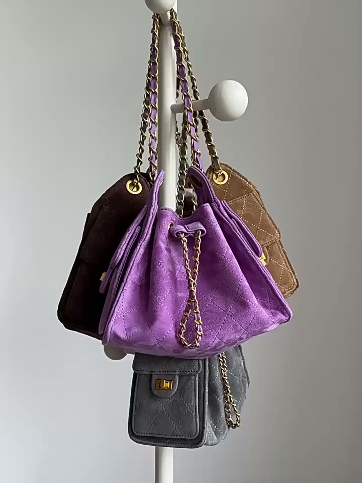 Quilted Diamond Leather Drawstring Hobo Bag – Gold Chain Strap | Lambskin & Cowhide Shoulder Bag for Women