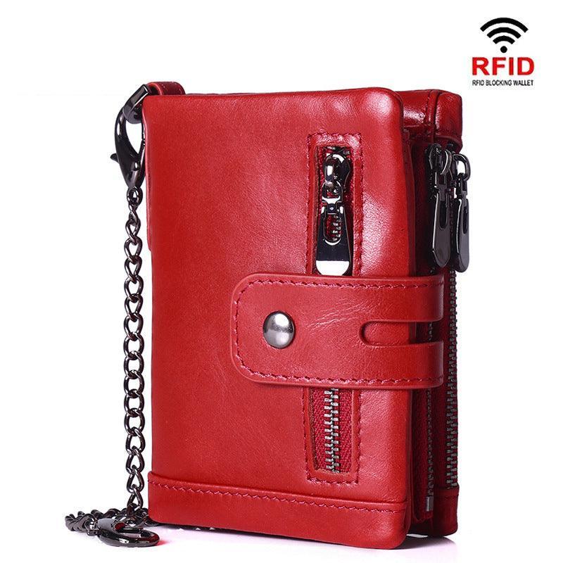 RFID Anti-Theft Brush Wallet, Oil Wax Cowhide Multi-Functional Double-Zip Men's Leather Wallet - Alexel Crafts