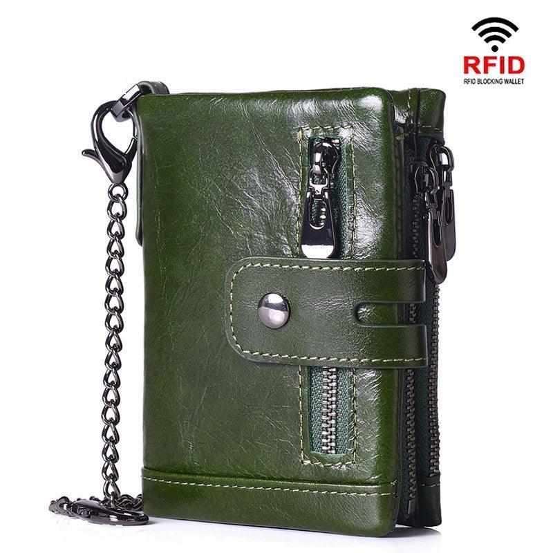 RFID Anti-Theft Brush Wallet, Oil Wax Cowhide Multi-Functional Double-Zip Men's Leather Wallet - Alexel Crafts