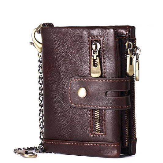 RFID Anti-Theft Brush Wallet, Oil Wax Cowhide Multi-Functional Double-Zip Men's Leather Wallet - Alexel Crafts