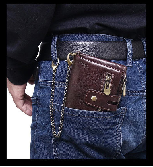 RFID Anti-Theft Brush Wallet, Oil Wax Cowhide Multi-Functional Double-Zip Men's Leather Wallet - Alexel Crafts