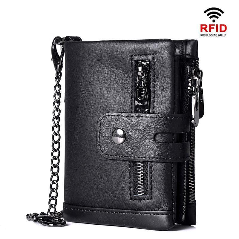 RFID Anti-Theft Brush Wallet, Oil Wax Cowhide Multi-Functional Double-Zip Men's Leather Wallet - Alexel Crafts