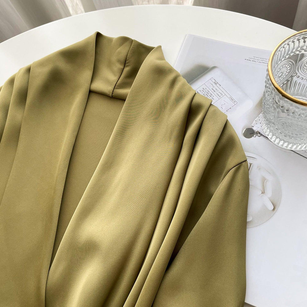 Timeless V-neck Satin Woven Blouse, Silk Satin Long Sleeves Shirt, Women Smart Casual Silky Top, Green Sleeve Blouse, Any Occassion, Gift - Alexel Crafts