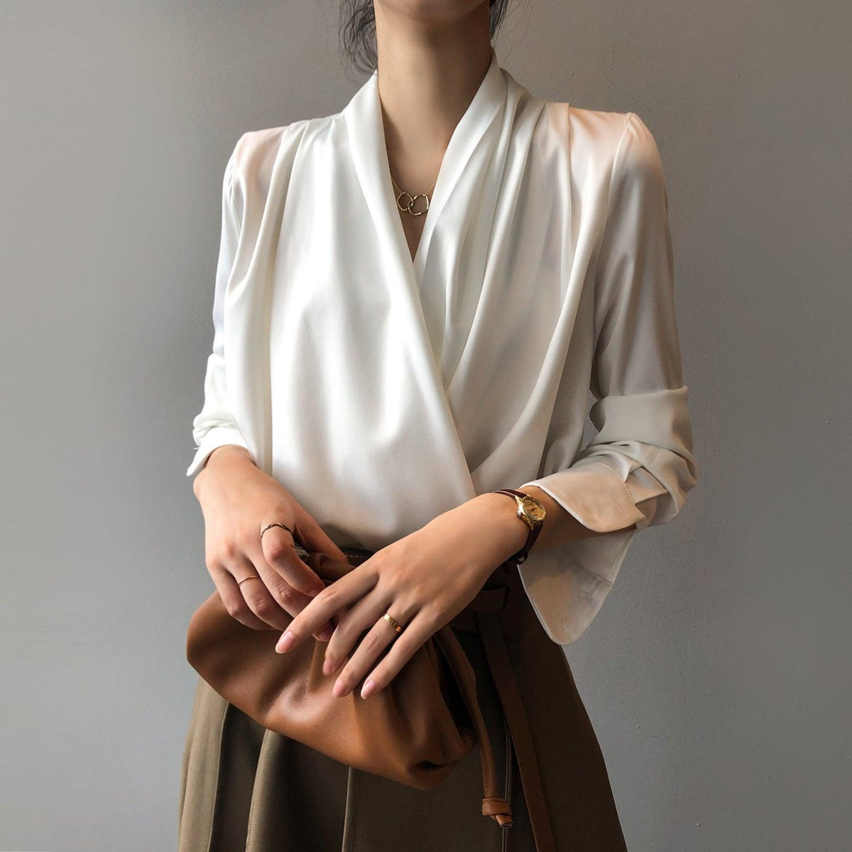 Timeless V-neck Satin Woven Blouse, Silk Satin Long Sleeves Shirt, Women Smart Casual Silky Top, Green Sleeve Blouse, Any Occassion, Gift - Alexel Crafts