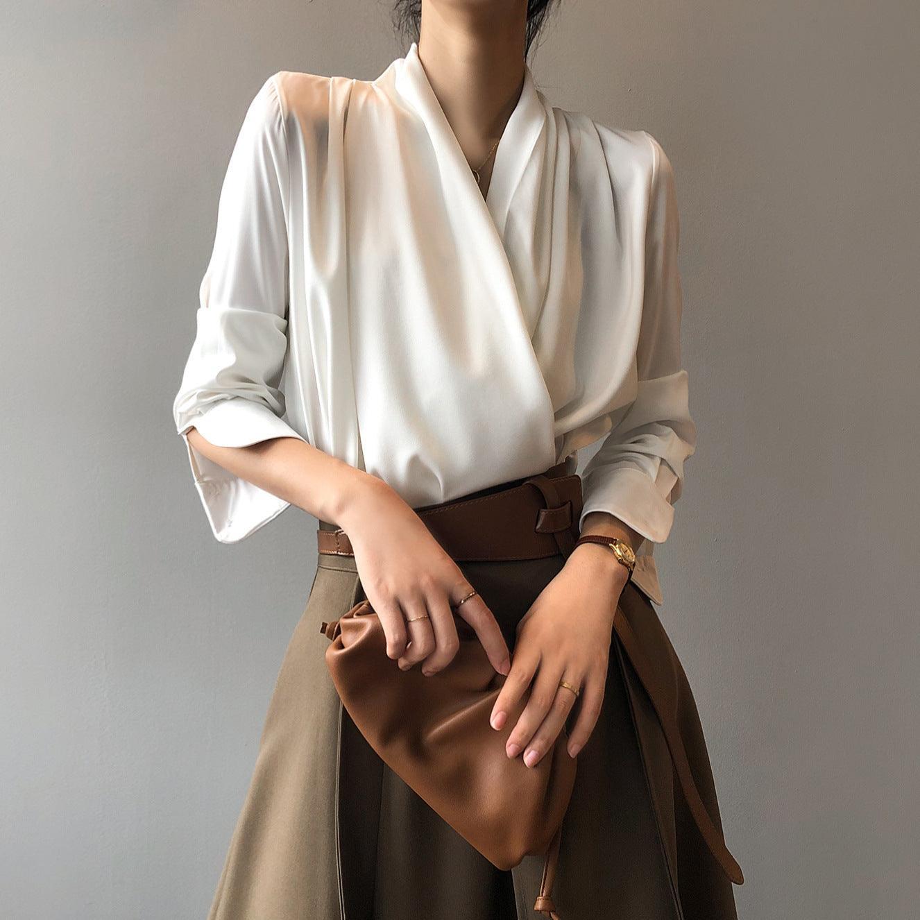Timeless V-neck Satin Woven Blouse, Silk Satin Long Sleeves Shirt, Women Smart Casual Silky Top, Green Sleeve Blouse, Any Occassion, Gift - Alexel Crafts