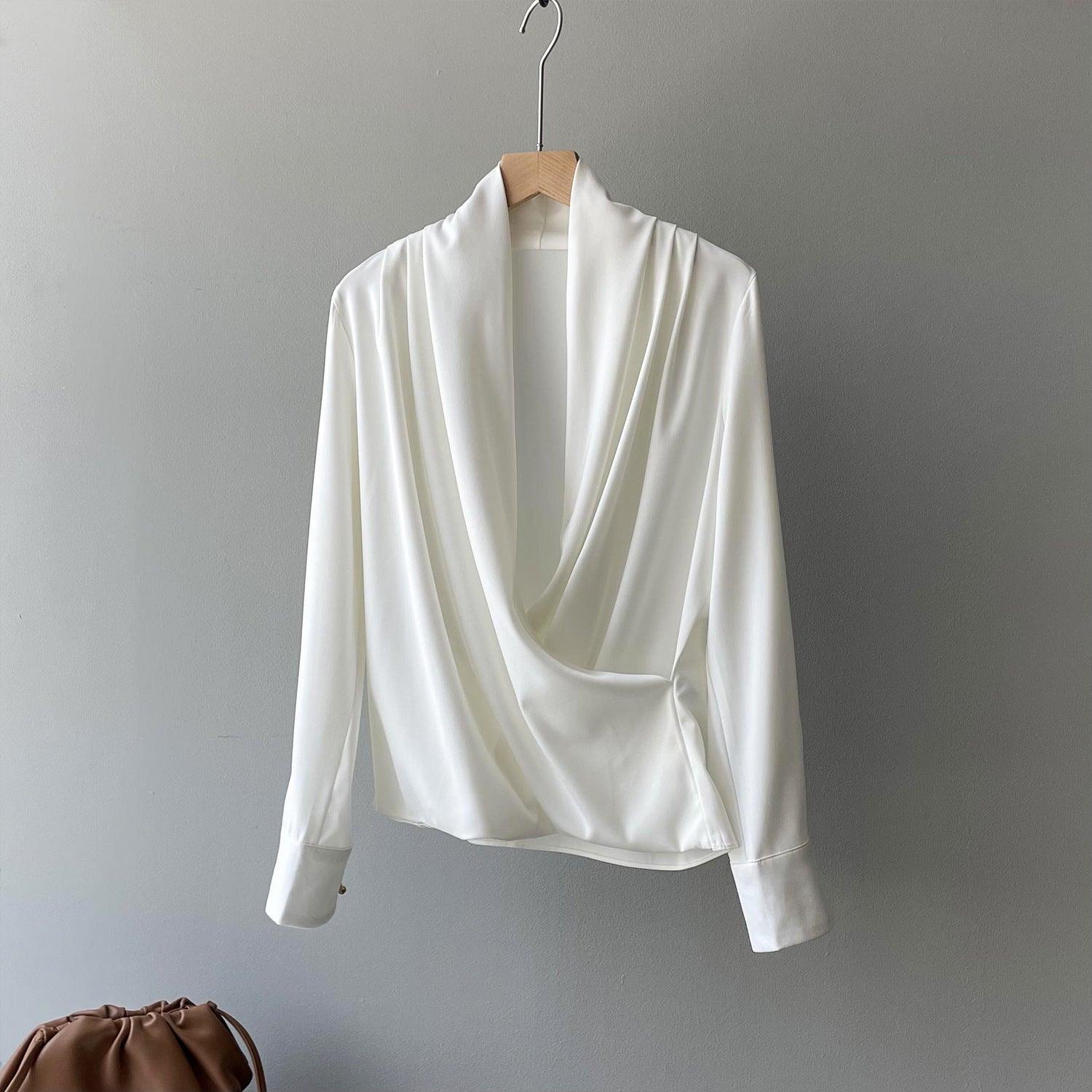 Timeless V-neck Satin Woven Blouse, Silk Satin Long Sleeves Shirt, Women Smart Casual Silky Top, Green Sleeve Blouse, Any Occassion, Gift - Alexel Crafts