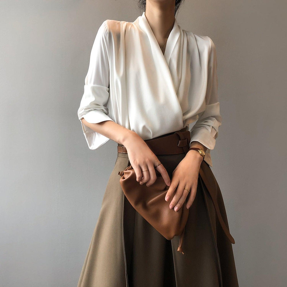 Timeless V-neck Satin Woven Blouse, Silk Satin Long Sleeves Shirt, Women Smart Casual Silky Top, Green Sleeve Blouse, Any Occassion, Gift - Alexel Crafts